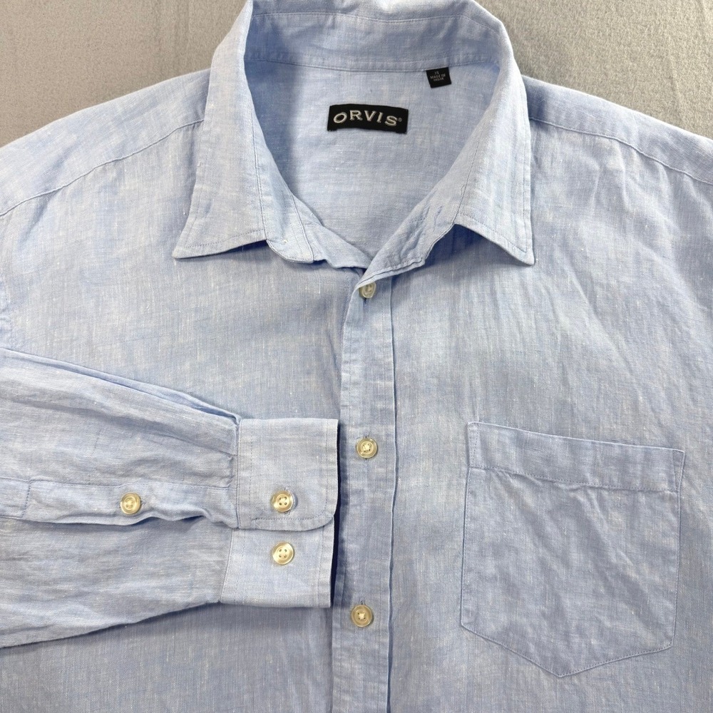 Orvis Men's Blue 100% Linen Long Sleeve Button Down Shirt Size XL